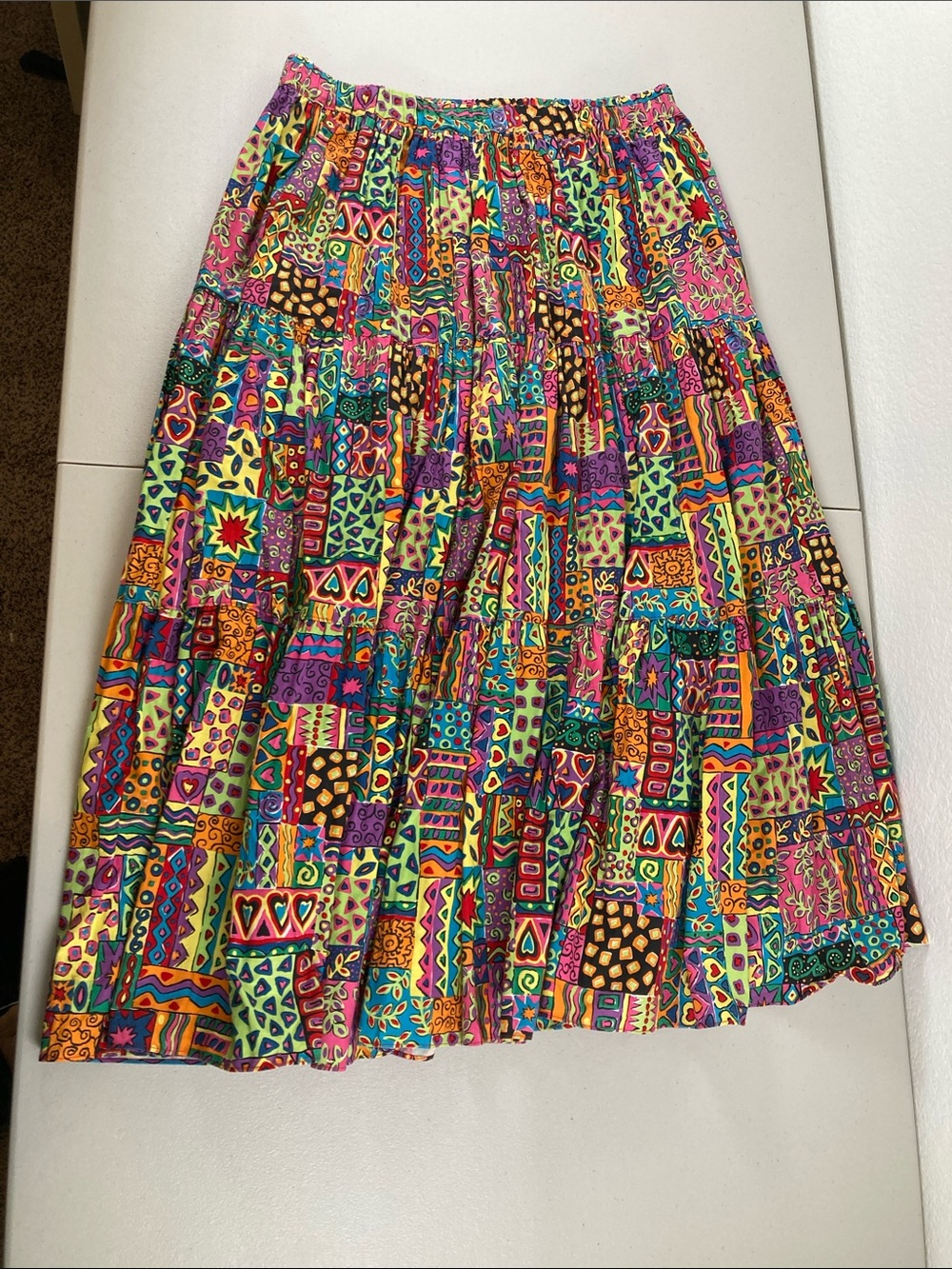 VTG Broom Skirts Patchwork Cotton Maxi Skirt Boho Hippie Tiered Colorful L/XL
